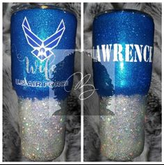 two blue and silver glitter tumblers with the words u s air force on them