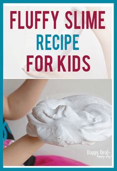 a person holding a bowl with whipped cream on it and the words fluffy slime recipe for kids