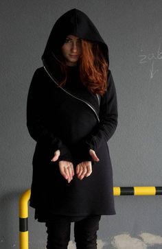 "Express Shipping to the USA, UPS Courier for free Delivery 3-5 Business Days  Thanks for your love for the Hoodie/Coat. Our Hoodie is made from good grade cotton from Poland, black color. You will find this material as a very soft to the touch. On the front you can find original asymmetrical short zip closure and two side/front pockets. This Hoodie has the special hood and extra long sleeves with thumb holes. It is suitable for all seasons.  Hoodie vest is made of: 90% cotton 10% polyester You Goth Coat, Elven Clothing, Pixie Outfit, Asymmetrical Coat, Personalized Jacket, Book Pictures, Style Steampunk, Buy Hoodies, Women's Hoodie