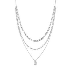 Triple layer appeal necklace- Double chains, simple CZ baguette pendant 15" .38" Pendant Plated Brass Baguette Pendant, Layered Chain Necklace, Pendant Necklace Silver, Layer Necklace, Multi Layer Necklace, Cz Pendant, Double Chain, Layered Jewelry, Silver Chain Necklace