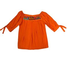 Gorgeous Handmade Top With Beautiful San Antonino Embroidery Made With Silk Thread. The Fabric Is Rayon Very Soft, 3/4 Sleeve, Very Soft Fresh Material. Perfect For The Summer Season! One Size Fits Small To Large. Orange Embroidered Tops For Summer, Embroidered Half Sleeve Top For Summer, Summer Peasant Top With 3/4 Sleeves, Peasant Style 3/4 Sleeve Summer Top, Peasant Style 3/4 Sleeve Top For Summer, Summer Cotton Peasant Top With Embroidered Sleeves, Summer Cotton Blouse With Embroidered Sleeves, Summer Blouse With Floral Embroidery And 3/4 Sleeve, Orange Embroidered Summer Blouse