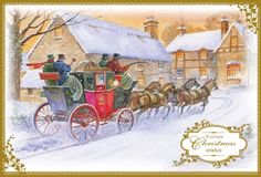 a christmas card with an old fashioned horse drawn carriage in the snow and people riding on it