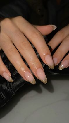 Holiday nails , gold nails New Year’s Eve Gel Nail Designs, Golden Glitter French Tip Nails, Gold New Years Nails Acrylic, Gold Star Nails French Tip, Gold Detail Nails Simple, Nail Ideas Acrylic New Years, New Year Simple Nails, Gold Holiday Nail Designs, Nye Gold Nails