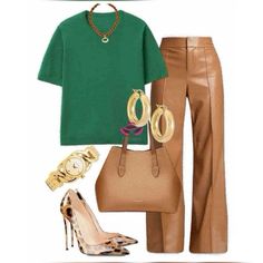 Embrace the fall season with this stunning outfit combo featuring a hunter green T-shirt paired with sleek tan leather pants. Complete the look with a matching tan tote bag and add a pop of pattern with leopard print stilettos. This outfit is perfect for making a bold statement while staying on trend. Elevate your fall wardrobe with this sophisticated color palette that blends earthy tones and playful prints. #FallFashion #LeatherPants #HunterGreen #LeopardPrintHeels #FallOutfits #FashionInspo #PinterestStyle #AutumnTrends #TanAccessories Fall Outfits Olive Green, Brown And Green Fall Outfit, Fall Outfits With Olive Green Pants, Luxury Olive Top For Fall, Green Pants Fall Outfit, Olive Wide Leg Pants For Fall, Green And Tan Outfit, Army Green Pants Outfit Work, Olive Green Pants Outfit Work