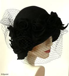 "Black veil hat,Cloche Felted Hat, felt hat, Cloche Hat, black Hat, Art Hat Black Hat La belle epoque Art Deco 1920s hat Art Hats Black hat cloche 1920's hat black roses Hats&Caps Accessories Handmade Great, very flattering black hat with black veil! Adapts to the head ! Special and unique ! Sophisticated and elegant ! I can make this hat in other colors and sizes. Made just for you To measure your head: Using a tape measure, go around head about 1\" above eyebrows in front and include the l Art Hats, Veil Hat, 1920s Hat, Formal Hat, Felted Hat, Cloche Hats, Veiled Hats, Roses Black, Felt Hats