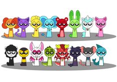 an image of many cartoon characters with different colors and sizes on their faces, standing in a row