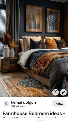 a bed room with a neatly made bed and two pictures on the wall above it