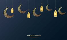 ramadan kareem with hanging lanterns and crescents