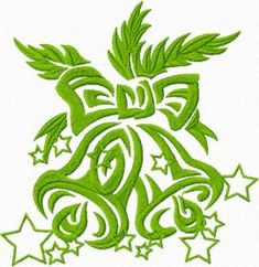 a green design with stars and swirls in the center on a white background that looks like an ornament