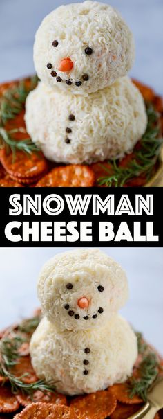 two snowman cheese balls sitting on top of each other