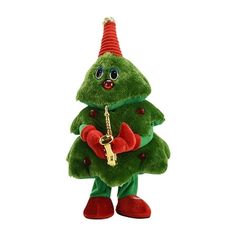 a green stuffed christmas tree with a red hat on it's head and hands