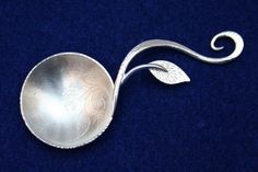 a silver spoon sitting on top of a blue surface