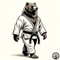 a drawing of a bear wearing a kimono and holding a black belt in his right hand