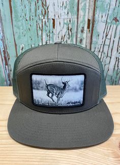 Running Deer Patch Trucker Hat  AG Outfitters Exclusive Design, art by Dustin Dattilio! Richardson 168 7 Panel brand hat Patches are hand stitched to hat! Winter Outdoor Snapback Hat With Short Brim, Casual Handmade Snapback Hat, Casual Hunting Hat With Flat Brim, Handmade Country Hat For Outdoor, Handmade Outdoor Hat One Size Fits Most, Handmade Short Brim Hat For Outdoor, Handmade Country Style Outdoor Hat, Handmade Flat Brim Hats For Outdoor, Handmade Outdoor Hat