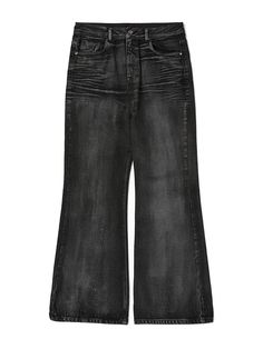 This is a comfortable and casual denim pants that is made out of sturdy cotton 100% denim fabric. With a trendy and young design with minimal details and wide flare silhouette and unique vintage tone achieved through coating process, it gives a comfortable and casual look. - Coating washed detail- Baggy flare silhouette- Logo leather patch on the back waistband Flared Baggy Jeans, Flared Jeans With Five Pockets For Streetwear, Washed Black Cotton Flare Jeans, High Waist Washed Black Flare Jeans, Urban Style High Rise Washed Flare Jeans, Urban High Rise Washed Flare Jeans, Dark Wash Flare Bottoms For Streetwear, Faded Flare Jeans With Five Pockets, Wide Leg Washed Black Bottoms