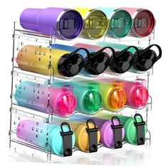 a rack that has many different colored speakers on it