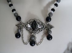 Elegant Victorian Necklace Handmade Gothic Necklaces For Formal Occasions, Handmade Gothic Necklace For Formal Occasions, Gothic Handmade Formal Necklace, Vintage Black Beads Necklace For Gift, Handmade Antique Black Necklace, Gothic Beaded Jewelry For Evening, Antique Handmade Black Necklace, Antique Black Handmade Necklace, Ornate Handmade Black Necklace