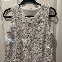 Shirt Is From Moxidress White With Silver Sequins. Shirt Is Lined Size Large White Sleeveless Blouse For Night Out, White Sleeveless Party Top, Sleeveless White Blouse For Night Out, White Sequined Party Top, Spring White Sequined Tank Top, White Sequined Tank Top For Spring, White Sequined Tops For Night Out, White Crew Neck Top For Party, White Sequined Blouse For Night Out