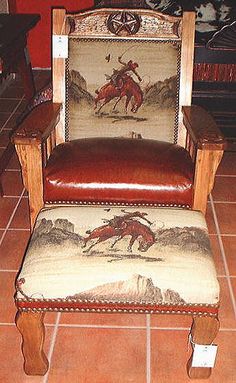 a chair with a cowboy theme on the back and foot rest, sitting in front of a tile floor