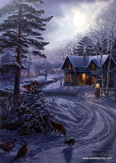 a painting of a christmas scene with animals in the foreground and a cabin on the far side