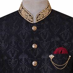 Description Black is beautiful, so get customize this Uomo Attire's elegant fully embroidered fabric black prince coat with golden embellishment and brass buttons for perfect look on your big day. This sophisticated and stylish Black Fully Embroidered Prince Coat for Groom is the perfect apparel for making a statement on your special day. This prince coat features intricate hand-embroidery on the lapel and features a striking golden hand-embellished collar. The coat also includes golden brass bu Designer Black Nehru Jacket For Ceremonial Occasions, Formal Black Embellished Sherwani, Black Embellished Sherwani For Formal Occasions, Festive Black Embellished Sherwani, Black Embellished Long Sleeve Sherwani, Designer Black Embellished Sherwani, Black Embellished Sherwani With Long Sleeves, Black Embroidered Nehru Jacket For Reception, Traditional Black Embellished Sherwani