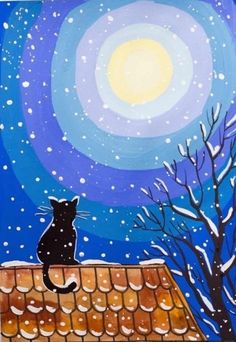 a painting of a cat sitting on top of a roof looking at the night sky