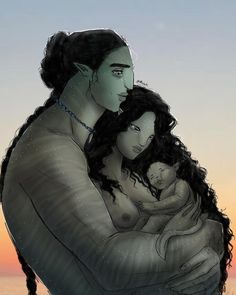 a drawing of a man and woman holding a baby in their arms with the sun setting behind them