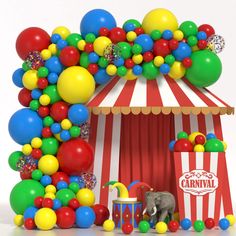 an elephant standing in front of a circus tent surrounded by balloons and other decorations on a white background