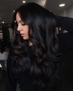 N4 Hair Color, Brown Hair Black Balayage, Black Hair With Espresso Highlights, Black Hair Colours, Darkest Brunette Hair, Caramel Highlights In Black Hair, High Contrast Hair Color Dark, Espresso Brown Hair Color Dark, Dimensional Black Hair Highlights