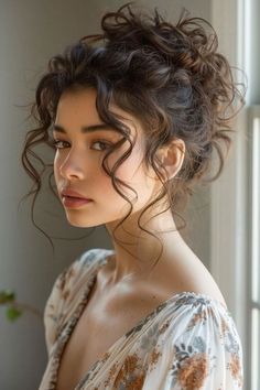 Soft Curly Updo Wedding, Cute Bangs For Curly Hair, Curly Hair Bun For Wedding, Fairy Bun Hairstyles, Hair Styles For Bun, Wedding Hair Bangs Updo, Space Buns Wedding Hair, Messy Curly Updo Wedding, Styling Short Hair For Wedding