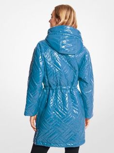 DIAGONAL QUILT LONG PFFR Blue Nylon Spring Puffer Jacket, Spring Nylon Puffer Outerwear, Blue Nylon Puffer Jacket For Spring, Fall Insulated Nylon Quilted Jacket, Fall Insulated Quilted Nylon Jacket, Insulated Nylon Quilted Jacket For Fall, Blue Quilted Nylon Outerwear, Quilted Blue Nylon Outerwear, Quilted Nylon Outerwear In Blue