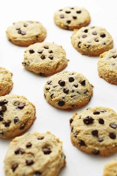 chocolate chip cookies lined up on a baking sheet