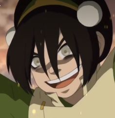 an anime character with black hair wearing a green jacket and smiling at the camera while standing in front of a cloudy sky