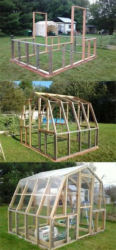 two pictures showing the inside and outside of a small greenhouse with windows on each side