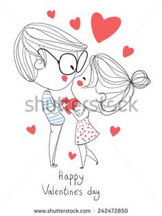 happy valentine's day card with couple kissing each other and hearts in the background