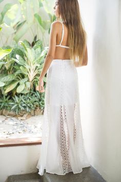 White maxi skirt.Sheer lace crotchet detailing.Loose flowy fit.Invisible back zip.Polyester. Maxi Skirt White, White Maxi Skirt, White Maxi Skirts, Maxi Rok, Skirt White, White Maxi, Feel Inspired, Lace Bra, White Skirts