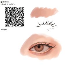 an eye with long black lashes and brown eyeshade, next to a qr code