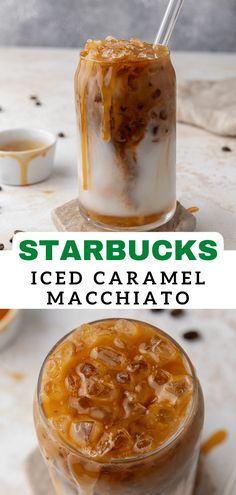 starbucks iced caramel macchiato in a mason jar with text overlay that reads starbucks iced caramel macchato