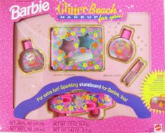 barbie's glitter beach make - up set with skateboard and bath toys in its box