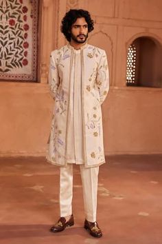 Ivory sherwani with dabka, zardozi, cutdana embellishment. Paired with kurta and pant. - Aza Fashions Unique Kurta Designs For Men, Ivory Sherwani, Cutdana Work, Embroidered Sherwani, Kurta Cotton, Mens Kurta Designs, Men's Ethnic Wear, Wedding Sherwani, Indian Wedding Wear