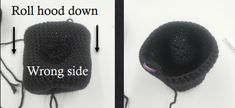 two pictures showing the process of crocheting a hat