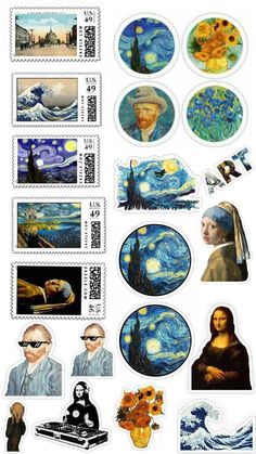 postage stamps with pictures of famous paintings and words on them, including the starry night