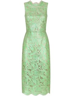 Green cotton-blend semi-sheer lace dress from DOLCE & GABBANA featuring round neck, rear zip fastening, sleeveless, sheer lace detailing and mid-length. | Dolce & Gabbana Semi-Sheer Lace Dress Luxury Green Lace Party Dress, Luxury Green Dress With Lace Trim, Chic Green Lace Midi Dress, Dolce Gabbana Lace Dress, Dolce And Gabbana Crystal Dress, Damask Dress, Sheer Midi Dress, Sheer Lace Dress, Tank Dresses