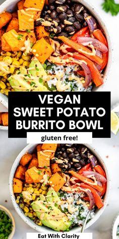 vegan sweet potato burrito bowl with text overlay