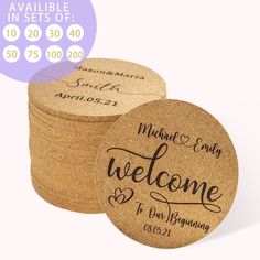 personalized cork coasters with names and date printed on the back for guests to welcome