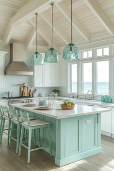 a large kitchen with an island in the middle and lots of stools around it