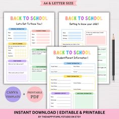 the back to school printable pack includes three sheets, one for each student and two for