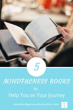 a person reading a book with the title 5 mindfulness books to help you on your journey