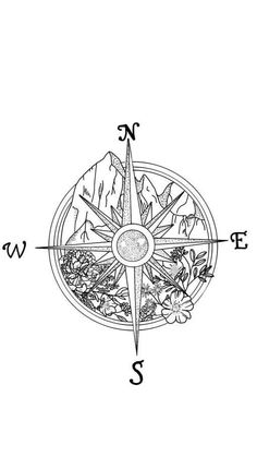 a black and white drawing of a compass with mountains in the background, surrounded by flowers