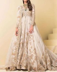 Designer Long White and Golden Handwork Gown Pakistani Indian Bollywood Unique | eBay Walima Dress, Shadi Dresses, Desi Wedding Dresses, Nikkah Dress, Asian Bridal Dresses, Bridal Dresses Pakistan, Pakistani Dresses Casual, Indian Bridal Dress, Pakistani Bridal Dresses